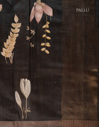 Chanderi Cotton Saree in Black with Multicolour Floral Prints and Copper-Toned Traditional Border