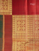 Pure Kanchipuram Saree in Forest Green and Maroon with Golden Zari Checks and Traditional Box Border