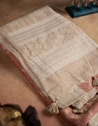 Tissue Tussar Saree in Dusty Rose and Beige with Intricate Zari Weaving