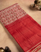Pure Tussar Saree in Cream and Coral Red with Paisley Prints and Kantha Stitch Detailing