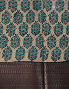 Chanderi Cotton Saree in Beige with Turquoise Blue Floral Prints and Navy Blue Border