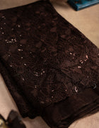Organza Saree in Dark Brown with Intricate Floral Cutwork and Sequin Embellishments