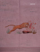 Linen Jute Saree in Soft Pink with Multicolour Animal Prints and Silver Thread Border