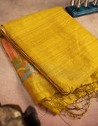 Jute Silk Saree in Yellow with Multicolour Abstract Motifs and Tasselled Pallu