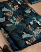 Turkish Organza Saree in Teal and Navy Blue with Metallic Floral Appliqué and Scalloped Edges