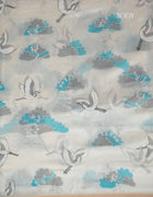 Chanderi Cotton Saree in Cream and Blue with Bird and Floral Prints