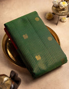 Pure Kanchipuram Saree in Forest Green and Maroon with Golden Zari Checks and Traditional Box Border