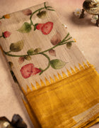 Jute Tussar Saree in Cream and Yellow with Floral Prints and Temple Border