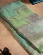 Banarasi Tussar Saree in Pastel Green with Multicolour Rangat Patterns and Silver Thread Border