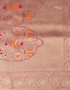 Semi Banarasi Silk Saree in Peach with Silver Thread Brocade and Traditional Border
