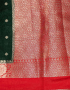 Semi Banarasi Silk Saree in Emerald Green with Silver Butta Motifs and Red Contrast Zari Border