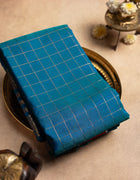 Pure Kanchipuram Saree in Blue with Golden Zari Checks and Ornate Traditional Border
