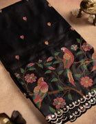 Pure Tussar Saree in Black with Multicolour Parrot Embroidery and Scalloped Floral Border