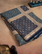 Pure Tussar Saree in Beige and Navy Blue with Geometric Prints and Kantha Stitch Detailing