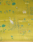 Chanderi Cotton Saree in Green with White Bird Motifs and Floral Prints