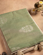 Tissue Tussar Saree in Green and Beige with Intricate Floral Butta Embroidery