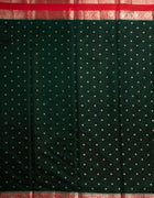 Semi Banarasi Silk Saree in Emerald Green with Silver Butta Motifs and Red Contrast Zari Border