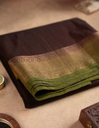 Semi-Jute Saree in Green and Brown with Antique Gold Accents and Tassel Pallu