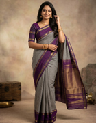 Pure Kanchipuram Saree in Royal Purple with Black and White Checks and Golden Zari Stripes