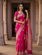 Banarasi Organza Saree in Bright Pink with Golden Butta Motifs and Antique Zari Border