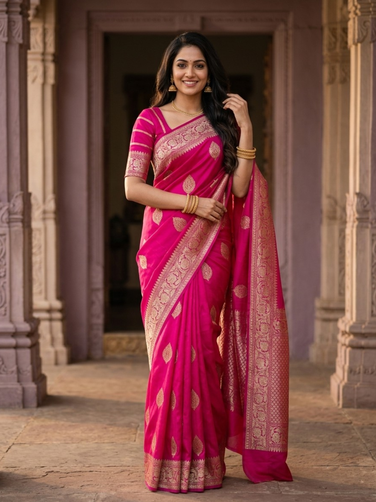 Banarasi Organza Saree in Bright Pink with Golden Butta Motifs and Antique Zari Border