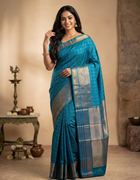 Pure Kanchipuram Saree in Blue with Golden Zari Checks and Ornate Traditional Border