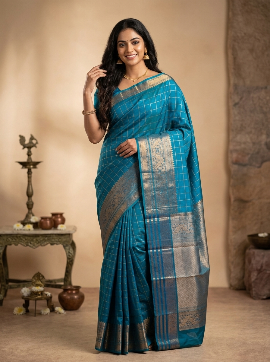 Pure Kanchipuram Saree in Blue with Golden Zari Checks and Ornate Traditional Border