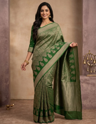 Georgette Banarasi Saree in Light Green with Silver Brocade and Traditional Green Border