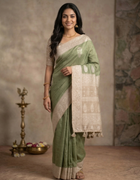 Tissue Tussar Saree in Green and Beige with Intricate Floral Butta Embroidery