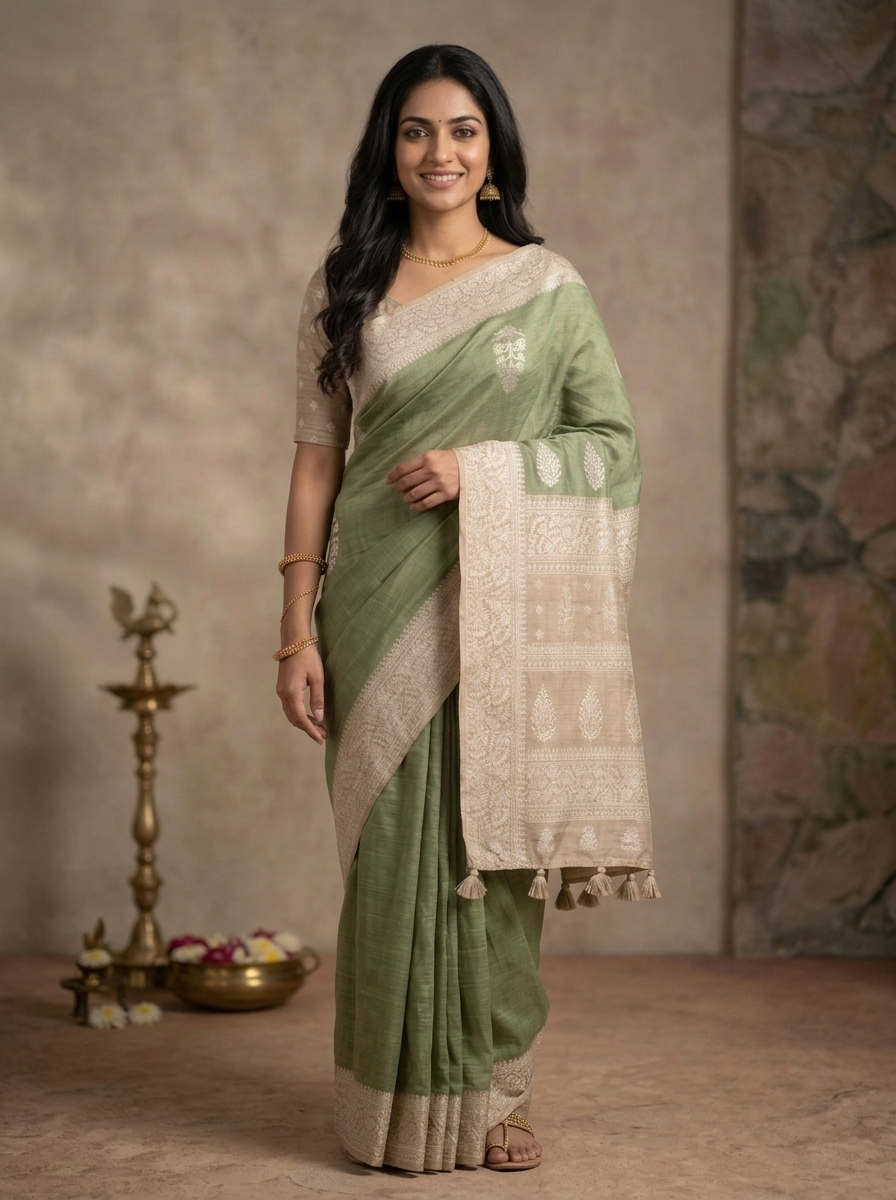 Tissue Tussar Saree in Green and Beige with Intricate Floral Butta Embroidery