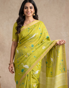 Chanderi Cotton Saree in Green with White Bird Motifs and Floral Prints