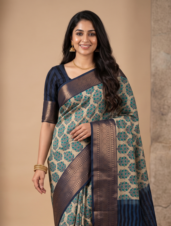 Chanderi Cotton Saree in Beige with Turquoise Blue Floral Prints and Navy Blue Border