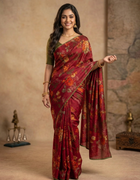 Crepe Silk Saree in Red with Multicolour Floral Prints and Olive Contrast Piping