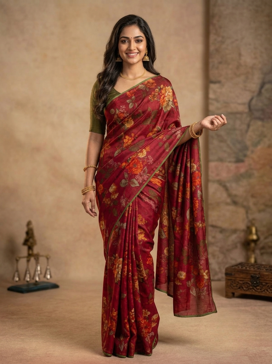 Crepe Silk Saree in Red with Multicolour Floral Prints and Olive Contrast Piping