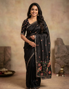Pure Tussar Saree in Black with Multicolour Parrot Embroidery and Scalloped Floral Border