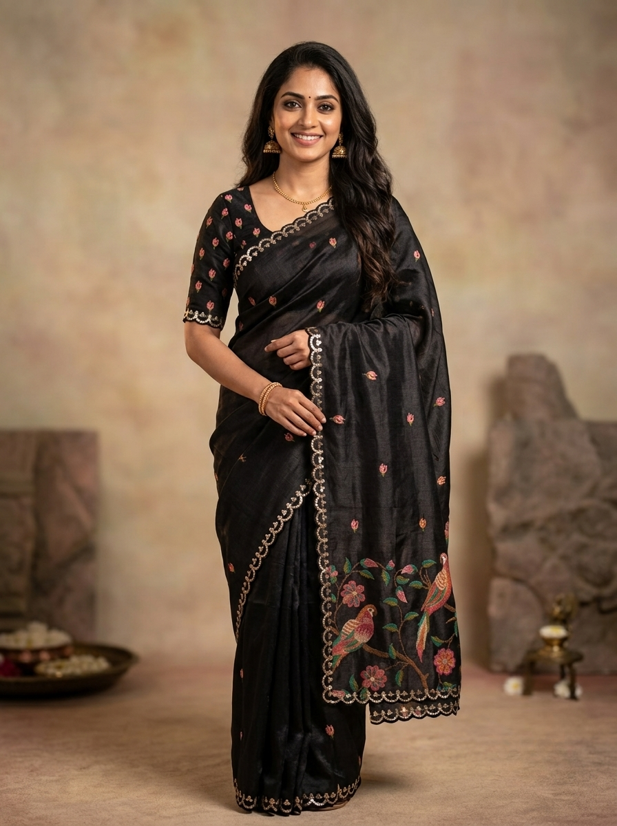Pure Tussar Saree in Black with Multicolour Parrot Embroidery and Scalloped Floral Border