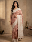 Tissue Tussar Saree in Dusty Rose and Beige with Intricate Zari Weaving