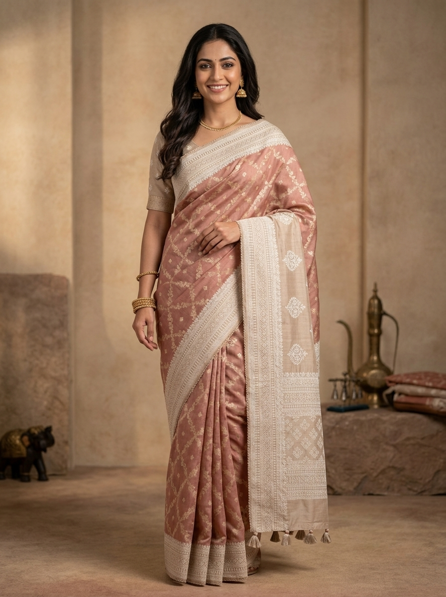 Tissue Tussar Saree in Dusty Rose and Beige with Intricate Zari Weaving