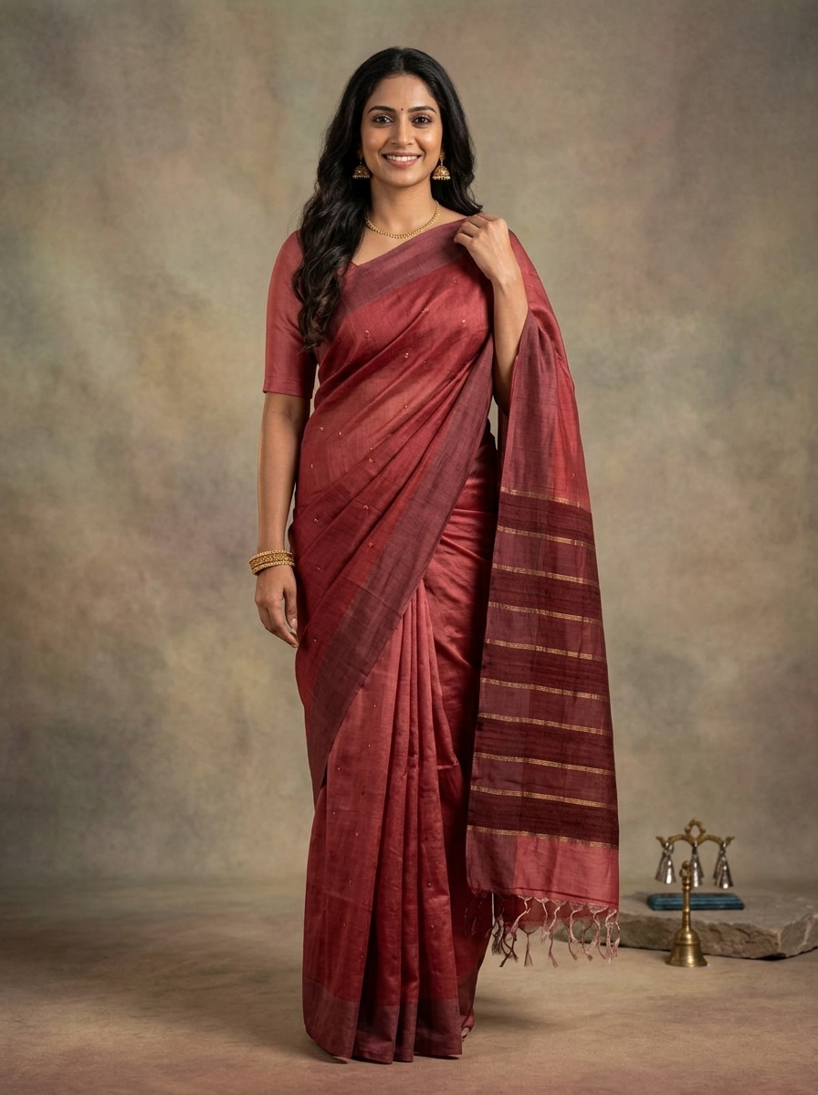 Pure Tussar Saree in Red with Subtle Sequin Embellishments and Contrast Jute Pallu