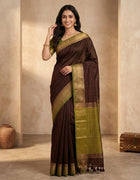 Semi-Jute Saree in Green and Brown with Antique Gold Accents and Tassel Pallu
