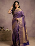 Pure Kanchipuram Saree in Royal Purple with Golden Rudraksha Motifs and Peacock Zari Border