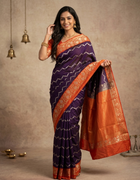Banarasi Silk Saree in Royal Purple and Vibrant Orange with Zigzag Threadwork and Traditional Border