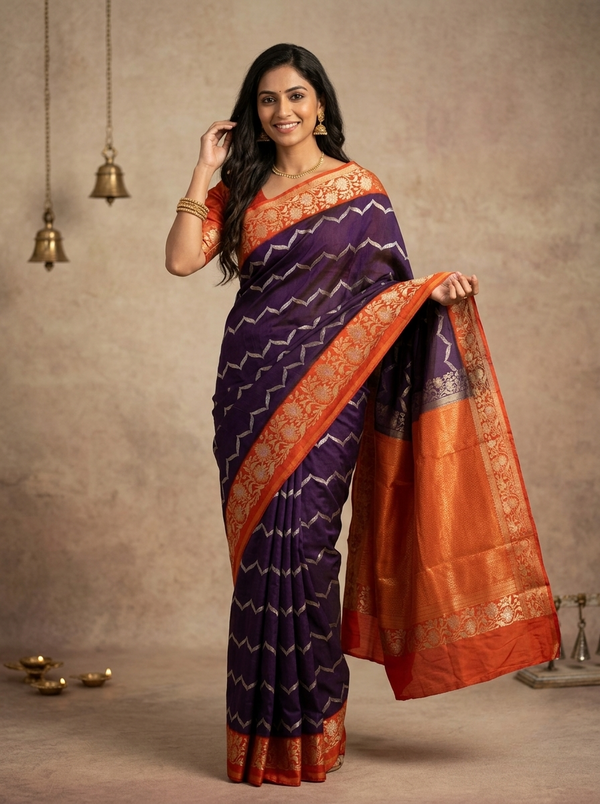 Banarasi Silk Saree in Royal Purple and Vibrant Orange with Zigzag Threadwork and Traditional Border