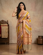 Banarasi Organza Saree in Mustard Yellow and Ivory with Diagonal Zari Stripes