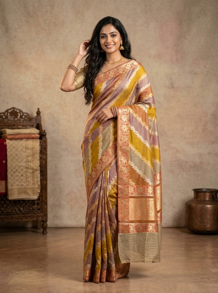 Banarasi Organza Saree in Mustard Yellow and Ivory with Diagonal Zari Stripes