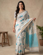 Chanderi Cotton Saree in Cream and Blue with Bird and Floral Prints