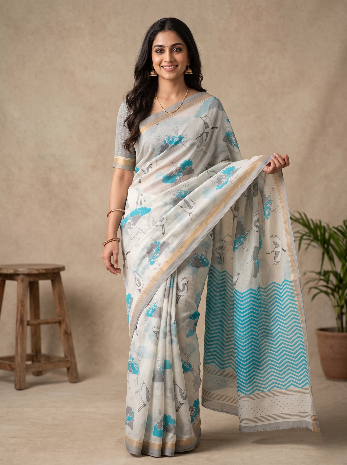 Chanderi Cotton Saree in Cream and Blue with Bird and Floral Prints
