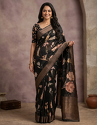 Chanderi Cotton Saree in Black with Multicolour Floral Prints and Copper-Toned Traditional Border