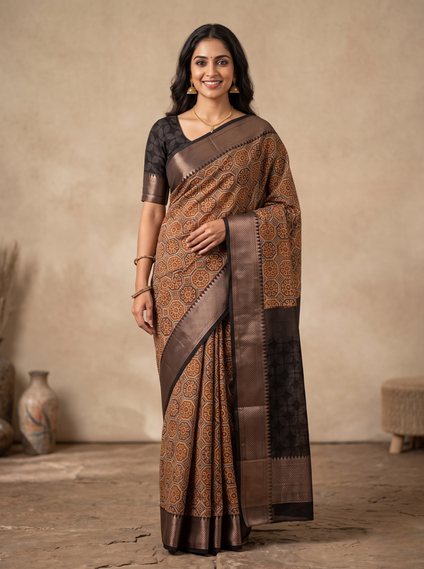 Chanderi Cotton Saree in Multicolour with Intricate Prints and Copper-Toned Temple Border