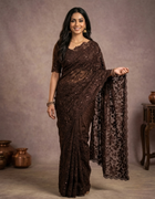 Organza Saree in Dark Brown with Intricate Floral Cutwork and Sequin Embellishments
